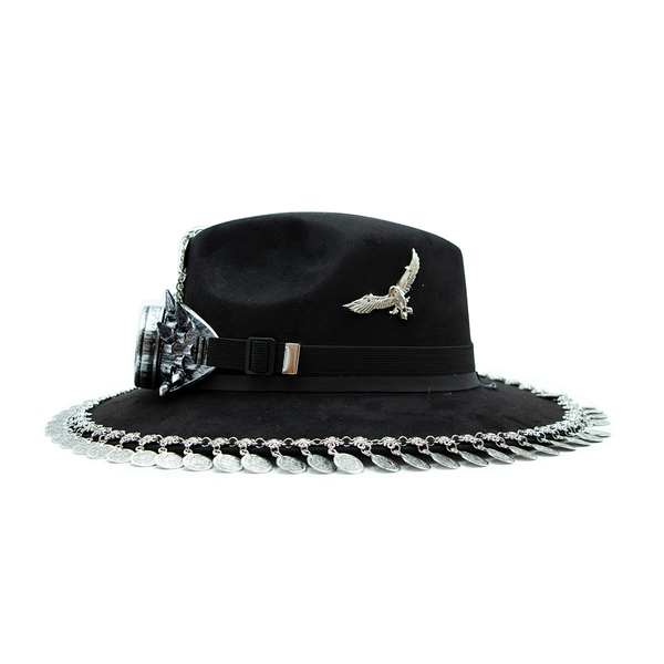 Tuluminati Hats | BURNING MAN | Sombrero Hecho A Mano Lana Googles Plumas Faisan Avestruz Aplicacion Buhos Color Oro Plata Cadena Plumas Negras Detalles Bordados Unisex Hombre Mujer Tulum Mexico Playa Pueblo Magico Moda Elegante Verano Fiesta Diseñador Cowboy Estilo Unico Edicion Limitada Outfit Artesanal Mexicana Bohemio Alta Calidad.