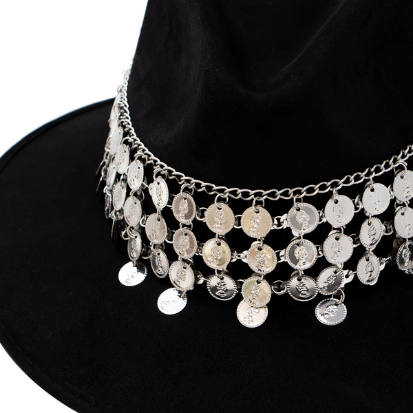 Tuluminati Hats | CHAAC | Sombrero Hecho A Mano Gamuza Aplicacion Monedas Plateadas Color Negro Gris Detalles Bordados Metalicos Unisex Hombre Mujer Tulum Mexico Playa Pueblo Magico Moda Elegante Verano Fiesta Diseñador Cowboy Estilo Unico Edicion Limitada Outfit Artesanal Mexicana Bohemio Alta Calidad.