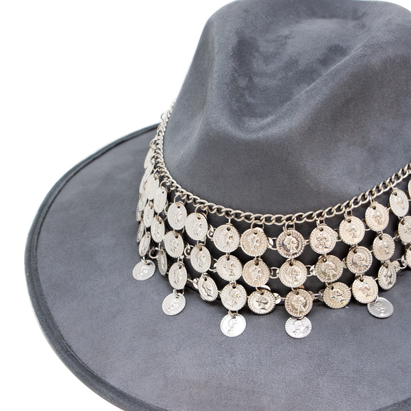 Tuluminati Hats | CHAAC | Sombrero Hecho A Mano Gamuza Aplicacion Monedas Plateadas Color Negro Gris Detalles Bordados Metalicos Unisex Hombre Mujer Tulum Mexico Playa Pueblo Magico Moda Elegante Verano Fiesta Diseñador Cowboy Estilo Unico Edicion Limitada Outfit Artesanal Mexicana Bohemio Alta Calidad.