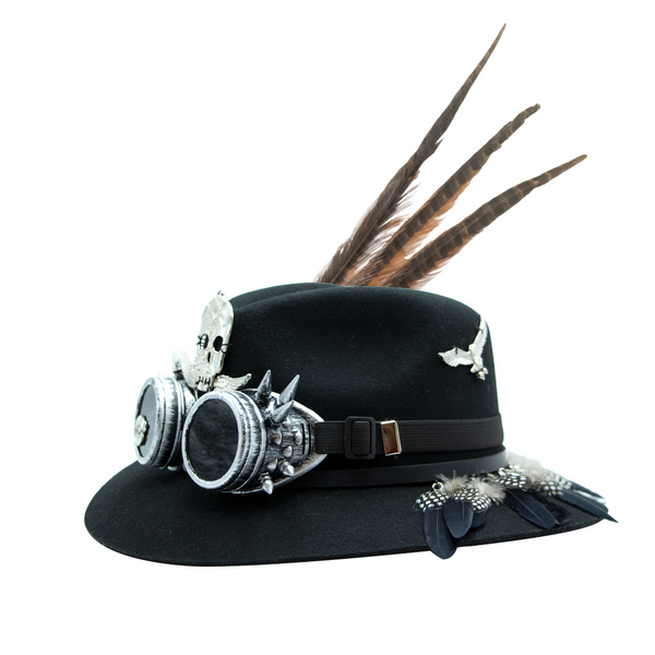 Tuluminati Hats | BURNING MAN | Sombrero Hecho A Mano Lana Googles Plumas Faisan Avestruz Aplicacion Buhos Color Oro Plata Pines Cadena Detalles Bordados Gamuza Unisex Hombre Mujer Tulum Mexico Playa Pueblo Magico Moda Elegante Verano Fiesta Diseñador Cowboy Estilo Unico Edicion Limitada Outfit Artesanal Mexicana Bohemio Alta Calidad.