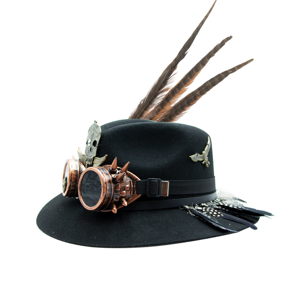 Tuluminati Hats | BURNING MAN | Sombrero Hecho A Mano Lana Googles Plumas Faisan Avestruz Aplicacion Buhos Color Oro Plata Pines Cadena Detalles Bordados Gamuza Unisex Hombre Mujer Tulum Mexico Playa Pueblo Magico Moda Elegante Verano Fiesta Diseñador Cowboy Estilo Unico Edicion Limitada Outfit Artesanal Mexicana Bohemio Alta Calidad.