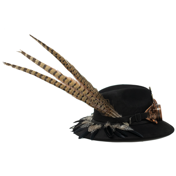 Tuluminati Hats | BURNING MAN | Sombrero Hecho A Mano Lana Googles Plumas Faisan Avestruz Aplicacion Buhos Color Oro Plata Cadena Plumas Negras Detalles Bordados Unisex Hombre Mujer Tulum Mexico Playa Pueblo Magico Moda Elegante Verano Fiesta Diseñador Cowboy Estilo Unico Edicion Limitada Outfit Artesanal Mexicana Bohemio Alta Calidad.