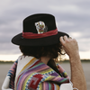 Tuluminati Hats | ATZIN | Sombrero Hecho A Mano Gamuza Detalles Bordados Tiras Piel Roja Naipe Quemado Pluma Gallina Guinea Unisex Hombre Mujer Tulum Mexico Playa Pueblo Magico Moda Elegante Verano Fiesta Diseñador Cowboy Estilo Unico Edicion Limitada Artesanal Mexicana.