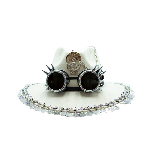 Tuluminati Hats | BURNING MAN | Sombrero Hecho A Mano Lana Googles Plumas Faisan Avestruz Aplicacion Buhos Color Oro Plata Cadena Plumas Negras Detalles Bordados Unisex Hombre Mujer Tulum Mexico Playa Pueblo Magico Moda Elegante Verano Fiesta Diseñador Cowboy Estilo Unico Edicion Limitada Outfit Artesanal Mexicana Bohemio Alta Calidad.