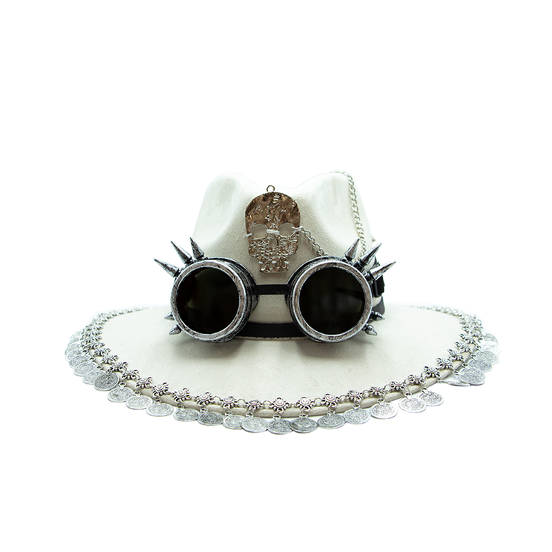 Tuluminati Hats | BURNING MAN | Sombrero Hecho A Mano Lana Googles Plumas Faisan Avestruz Aplicacion Buhos Color Oro Plata Cadena Plumas Negras Detalles Bordados Unisex Hombre Mujer Tulum Mexico Playa Pueblo Magico Moda Elegante Verano Fiesta Diseñador Cowboy Estilo Unico Edicion Limitada Outfit Artesanal Mexicana Bohemio Alta Calidad.