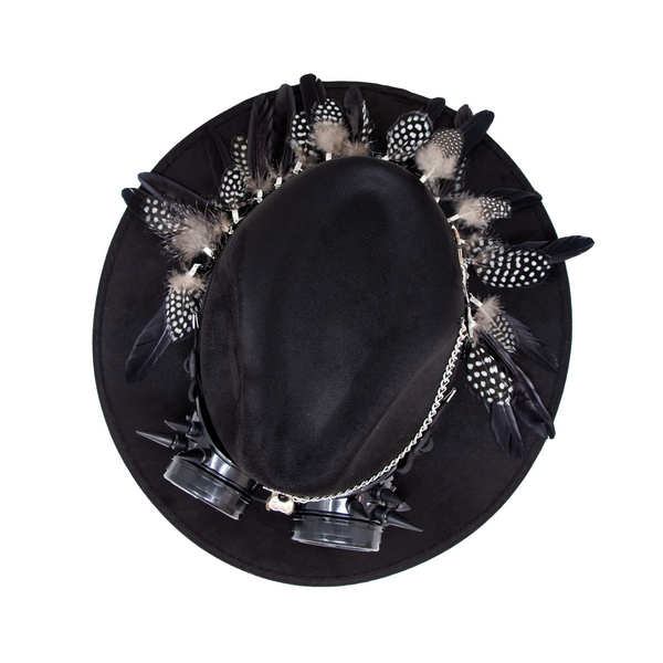 Tuluminati Hats | BURNING MAN | Sombrero Hecho A Mano Lana Googles Plumas Faisan Avestruz Aplicacion Buhos Color Oro Plata Cadena Plumas Negras Detalles Bordados Unisex Hombre Mujer Tulum Mexico Playa Pueblo Magico Moda Elegante Verano Fiesta Diseñador Cowboy Estilo Unico Edicion Limitada Outfit Artesanal Mexicana Bohemio Alta Calidad.