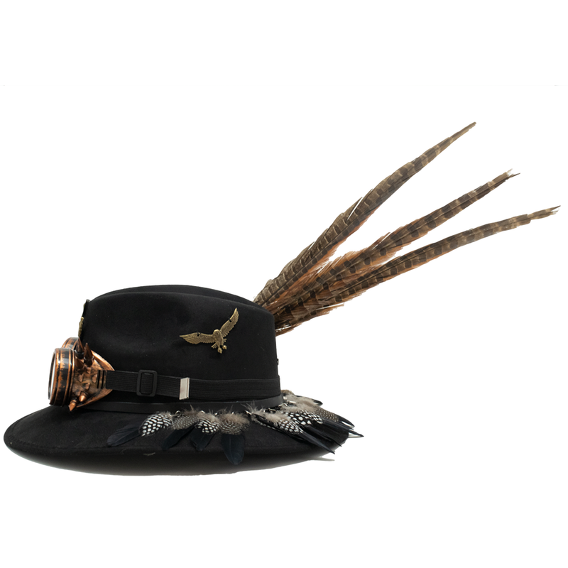 Tuluminati Hats | BURNING MAN | Sombrero Hecho A Mano Lana Googles Plumas Faisan Avestruz Aplicacion Buhos Color Oro Plata Cadena Plumas Negras Detalles Bordados Unisex Hombre Mujer Tulum Mexico Playa Pueblo Magico Moda Elegante Verano Fiesta Diseñador Cowboy Estilo Unico Edicion Limitada Outfit Artesanal Mexicana Bohemio Alta Calidad.