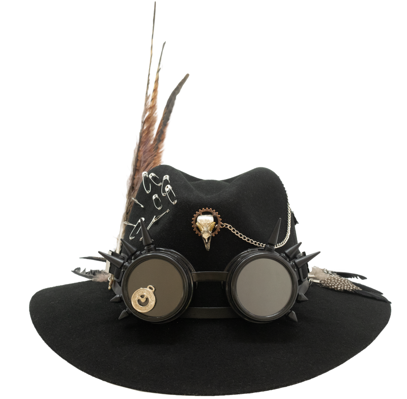Tuluminati Hats | BURNING MAN | Sombrero Hecho A Mano Lana Googles Plumas Faisan Avestruz Aplicacion Buhos Color Oro Plata Cadena Plumas Negras Detalles Bordados Unisex Hombre Mujer Tulum Mexico Playa Pueblo Magico Moda Elegante Verano Fiesta Diseñador Cowboy Estilo Unico Edicion Limitada Outfit Artesanal Mexicana Bohemio Alta Calidad.