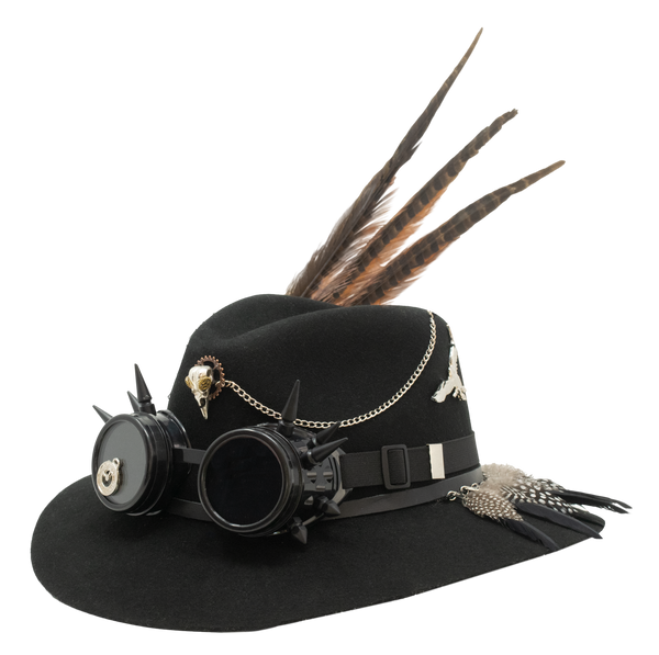 Tuluminati Hats | BURNING MAN | Sombrero Hecho A Mano Lana Googles Plumas Faisan Avestruz Aplicacion Buhos Color Oro Plata Cadena Plumas Negras Detalles Bordados Unisex Hombre Mujer Tulum Mexico Playa Pueblo Magico Moda Elegante Verano Fiesta Diseñador Cowboy Estilo Unico Edicion Limitada Outfit Artesanal Mexicana Bohemio Alta Calidad.